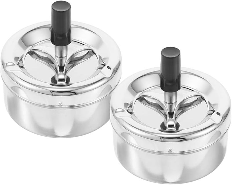 منفضة سجائر معدنية بدون دخان مع صينية دوارة للاستخدام في الهواء الطلق والتراس والمنزل باللون الفضي - Image 1